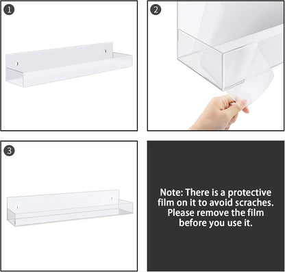 Adhesive Acrylic Spice Rack with Nano Double Sided Tape Wall Mount Organizer Clear Wall Spice Rack with Shelf Ends for Kitchen Cabinet Door - 2 Pack 12‘’ Shelves