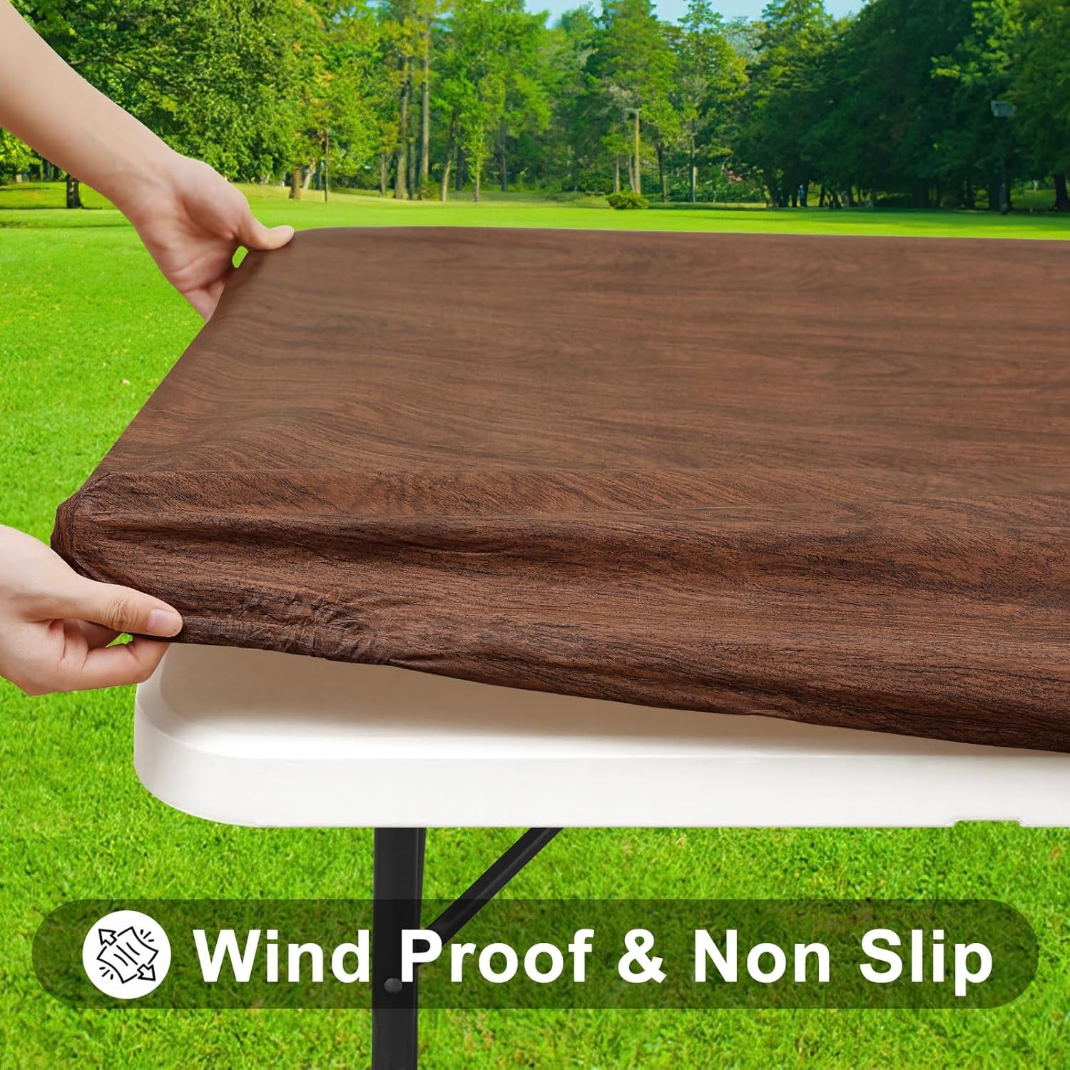 Rectangle Picnic Tablecloth, Waterproof Elastic Fitted Table Covers for 6 Foot Tables, Wipeable Flannel Backed Vinyl Tablecloths for Camping, Indoor, Outdoor (Brown, 30X72 Inches)