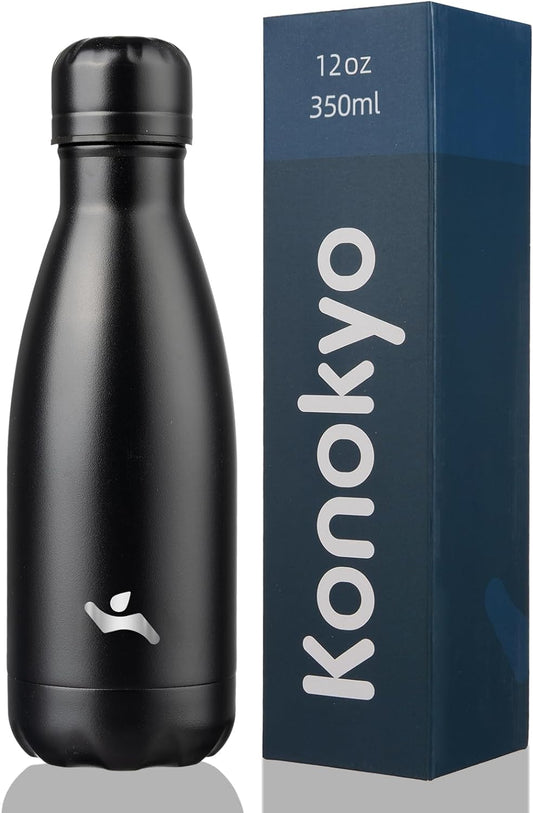 Insulated Water Bottles,12 Oz Double Wall Stainless Steel Vacumm Metal Flask for Sports Travel,Midnight Black