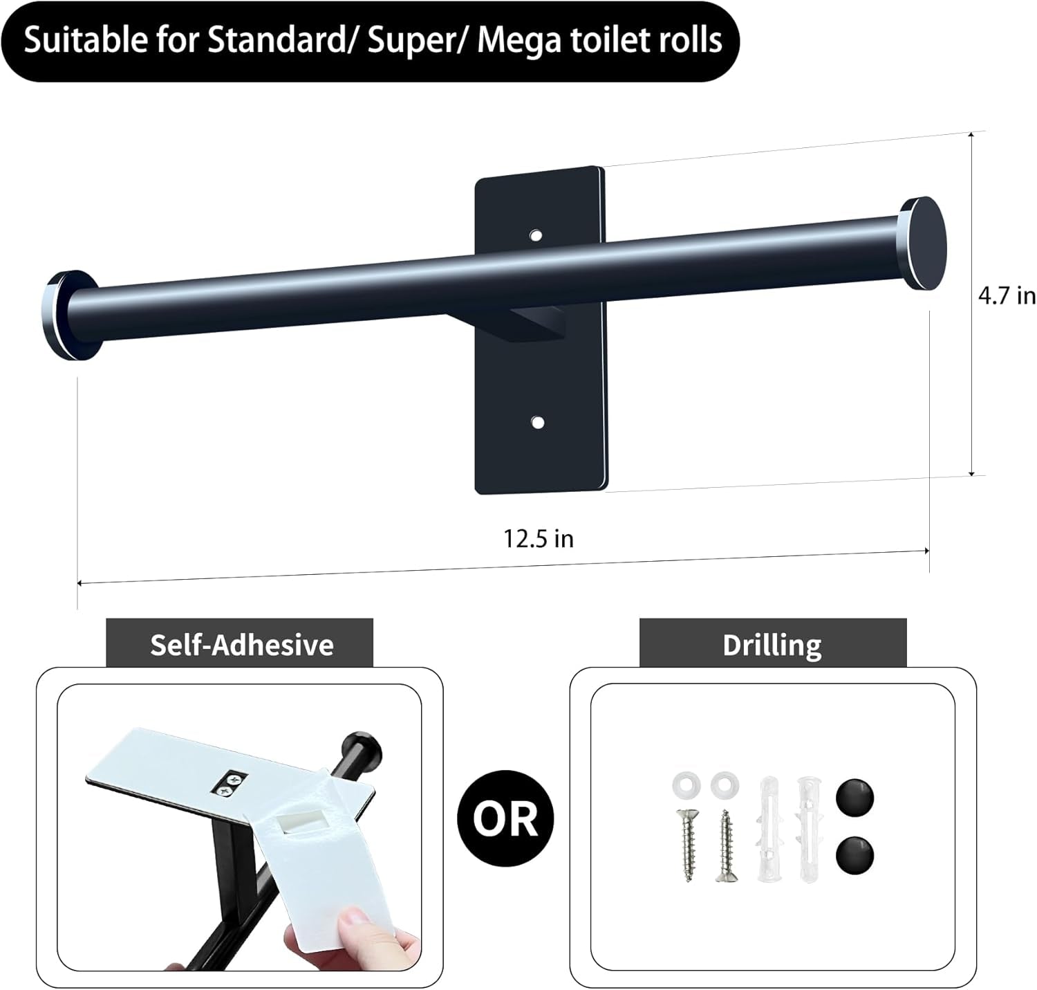 Double Roll Toilet Paper Holder, , Black Stainless Steel Toilet Paper Holder, Adhesive or Drilling Toilet Roll Holder Wall Mount for Bathroom (Black)