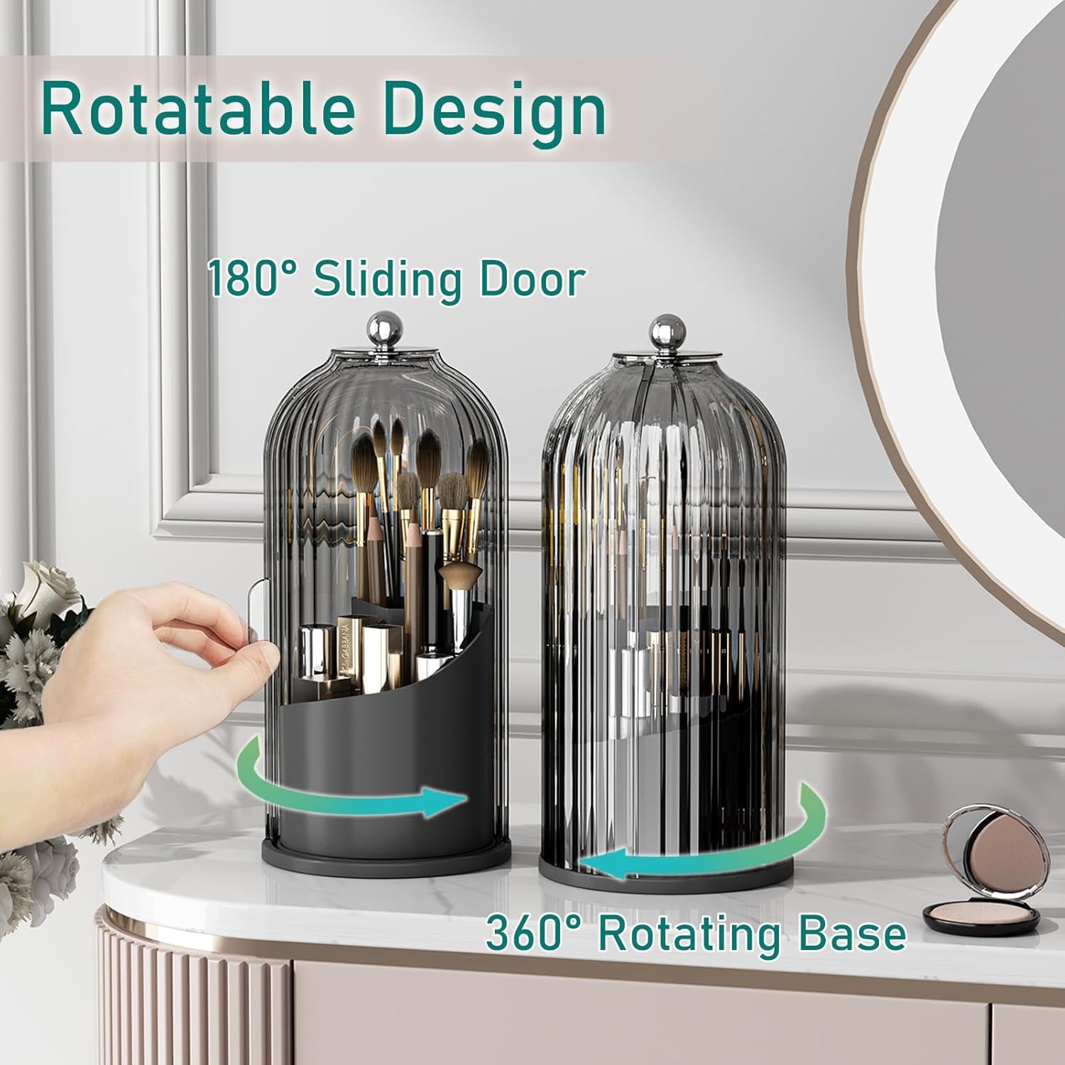 Makeup Brush Holder with Lid Cosmetic Tools Organizer 360 Rotating Waterproof Dustproof Beauty Brushes Storage for Vanity, Black-Grey