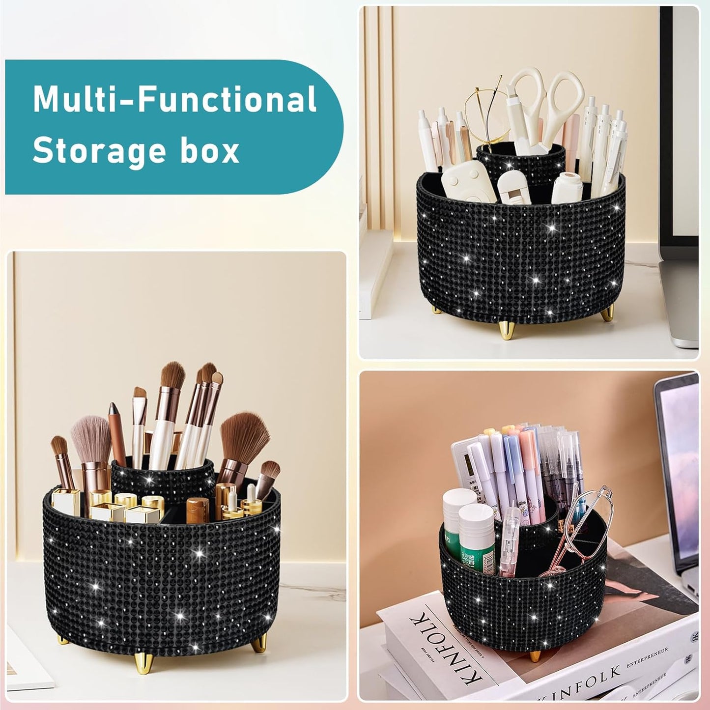 Bling Diamond 360° Makeup Brush Holder Organizer, Rotating Makeup Brush Organizer,5 Slot Make up Brushes Cup for Cosmetics, Vanity Desktop Organizer, Gift for Women Teen Girls- Diamond Black