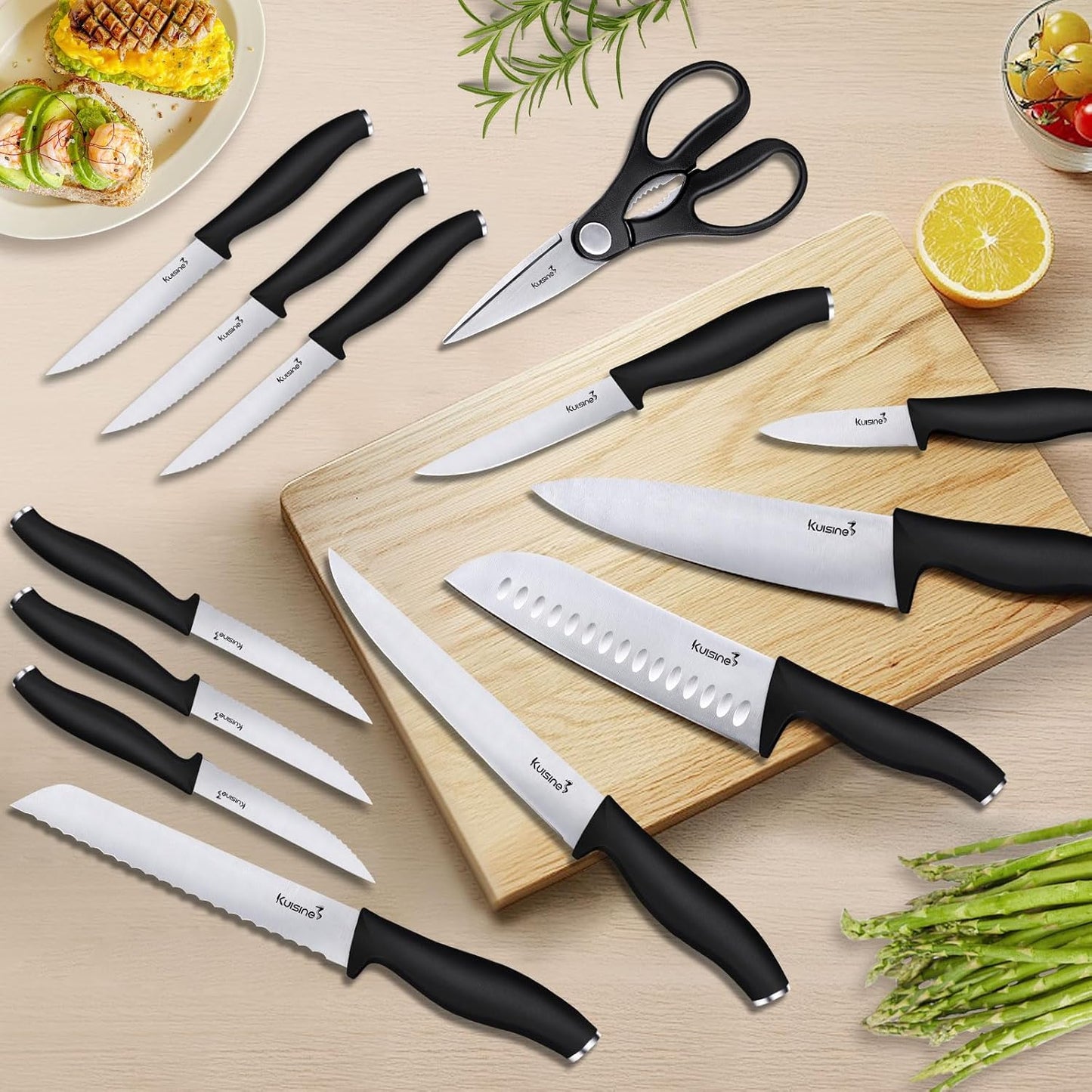 Chef Knife Set,High Carbon Stainless Steel Ultra Sharp Blade Ergonomic Handle,Kitchen Knife Block Set with Built-In Sharpener, Elegant Gift for Holiday(Acacia,15Pcs)