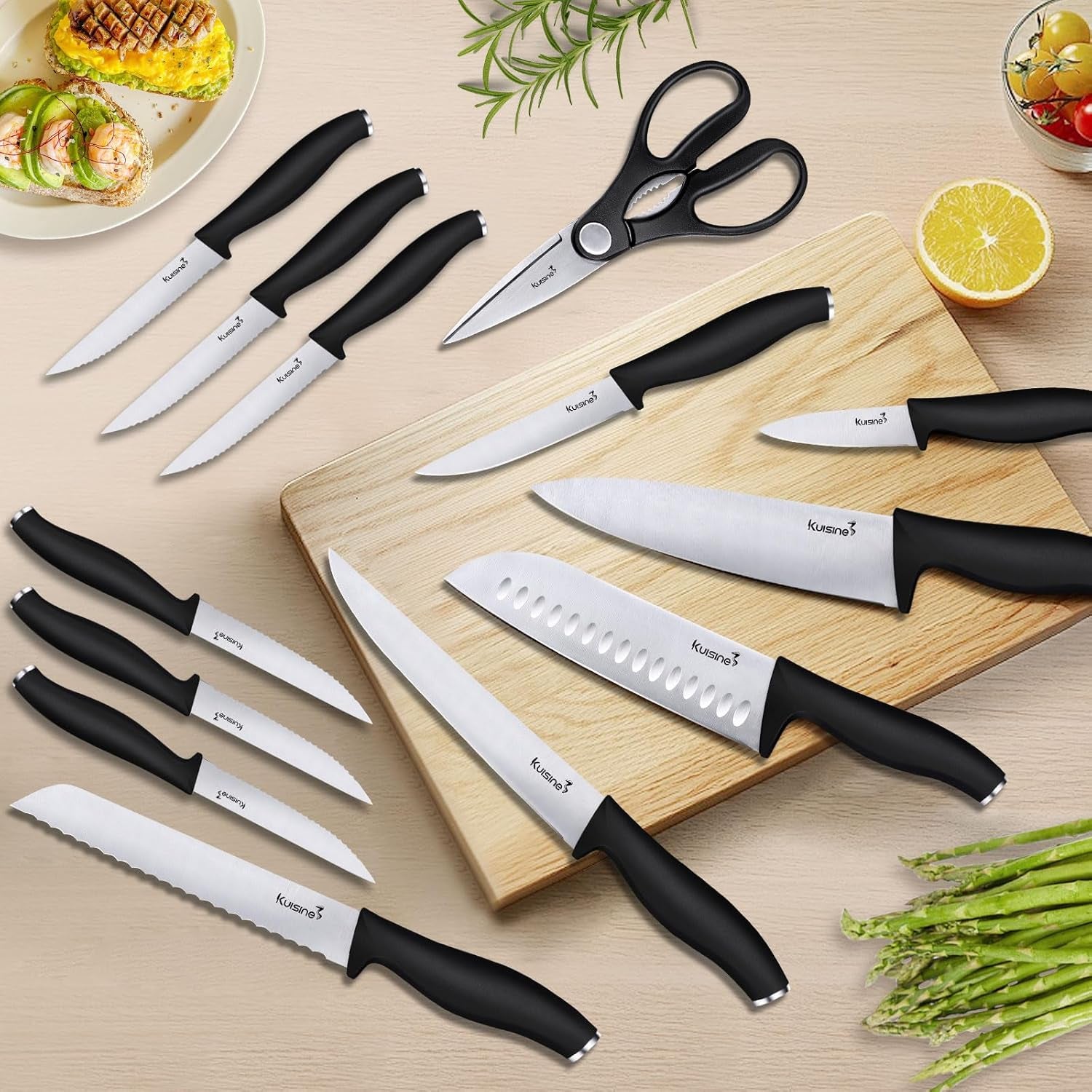 Chef Knife Set,High Carbon Stainless Steel Ultra Sharp Blade Ergonomic Handle,Kitchen Knife Block Set with Built-In Sharpener, Elegant Gift for Holiday(Acacia,15Pcs)