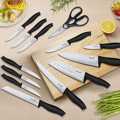 Chef Knife Set,High Carbon Stainless Steel Ultra Sharp Blade Ergonomic Handle,Kitchen Knife Block Set with Built-In Sharpener, Elegant Gift for Holiday(Acacia,15Pcs)