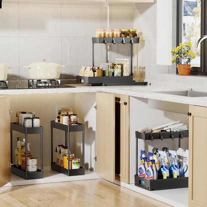 4 Pack under Sink Organizers and Storage, 2 Tier Pull Out Bathroom Cabinet Organizer, L-Shape Black under Kitchen Sink Organizer, under Counter Storage Organizer with Drawer
