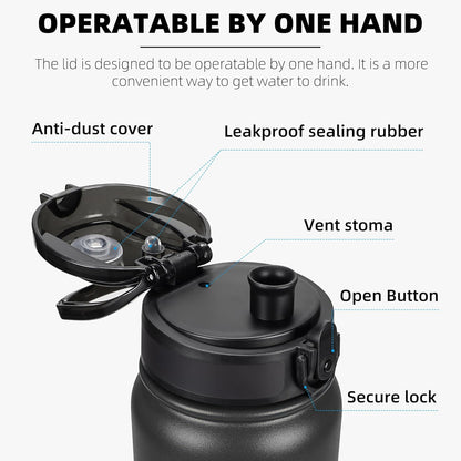 20 Oz Insulated Stainless Steel Vacuum Water Bottle with Anti-Dust Pop-Open Lid - for Kids, Women, Men | Leak & Sweat Proof (Black)