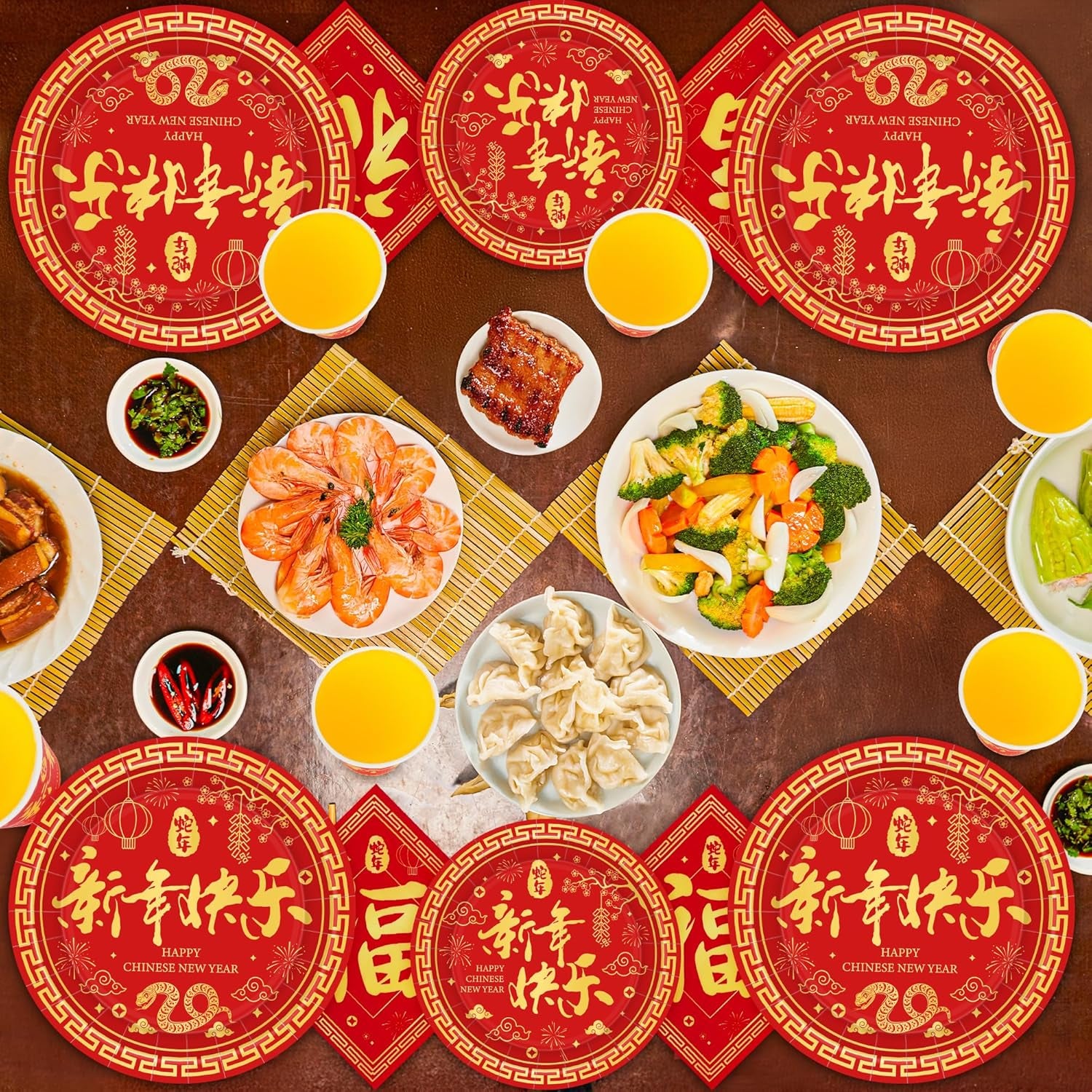 96 PCS Chinese New Year Decorations 2025, 24 SET Disposable Plates, Napkins, Cups & Paper Plates, Year of the Snake 2025 Lunar New Year Party Supplies