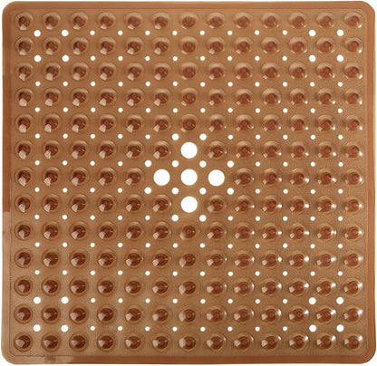 Shower Stall Mat Non Slip, 21X21 Inch, Soft Square Bath Mat for Shower with Suction Cups and Drain Holes, Stall Floor Mats for Bathroom, Machine Washable, Bathroom Accessories,Clear Brown