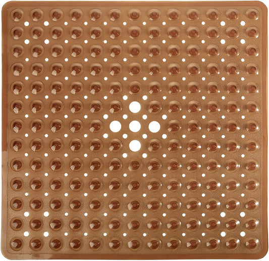 Shower Stall Mat Non Slip, 21X21 Inch, Soft Square Bath Mat for Shower with Suction Cups and Drain Holes, Stall Floor Mats for Bathroom, Machine Washable, Bathroom Accessories,Clear Brown