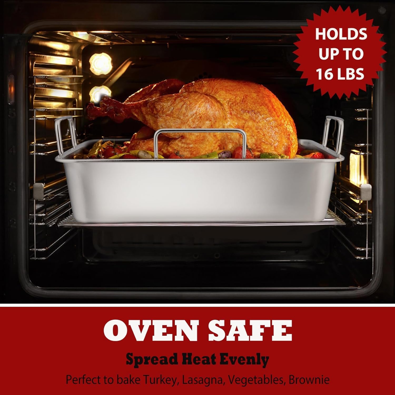 Roasting Pan Set (8 PCS), 14 Inch Stainless Steel Turkey Roaster Pan, Flat & V-Shaped Roasting Racks & Beer Can Chicken Holder, Meat Claws & Tenderizer, Brush, Healthy & Heavy Duty