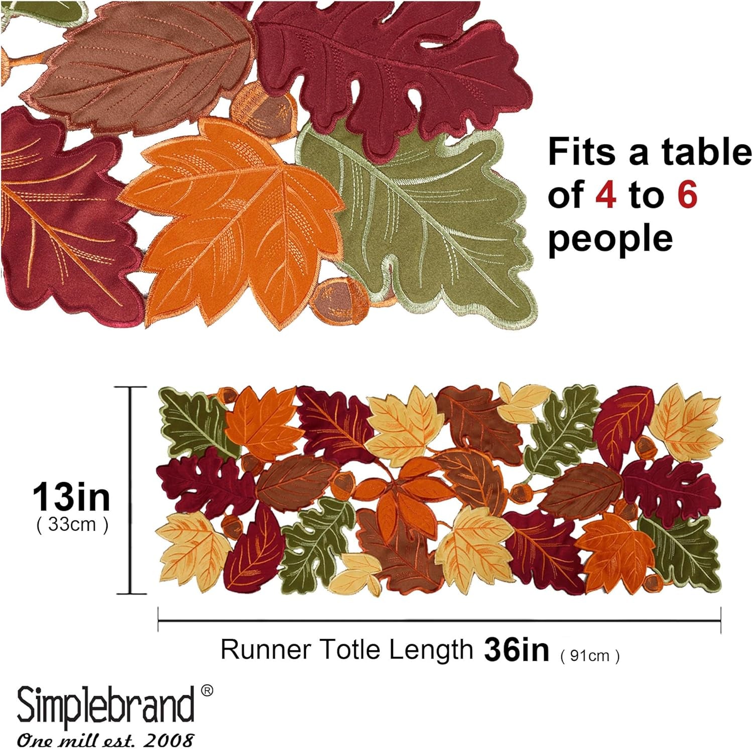 Harvest Fall Table Runner 36 Inches Long for Thanksgiving, Cutwork with Applique Embroidered Maple Leaves Dresser Scarf Table Topper for Home Dinner Holiday Festival Decorations, 13" X 36"