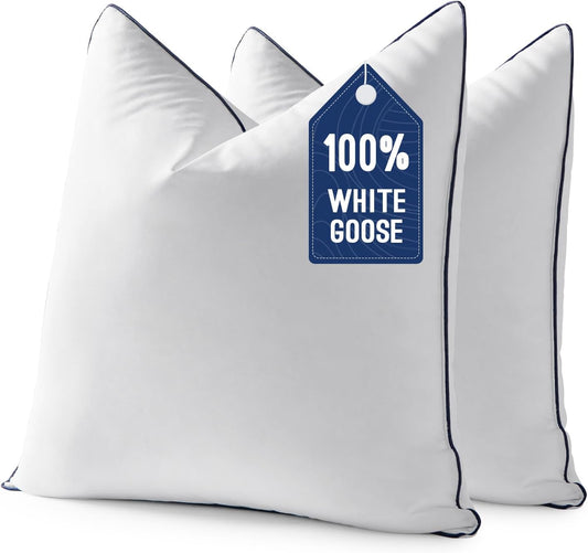 Goose Feather Down Pillow Insert Set of 2, 20x20 Inches, 100% Down-Proof Cotton Cover, Soft and Fluffy Decorative Pillows for Sofa, Bed, and Living Room, White