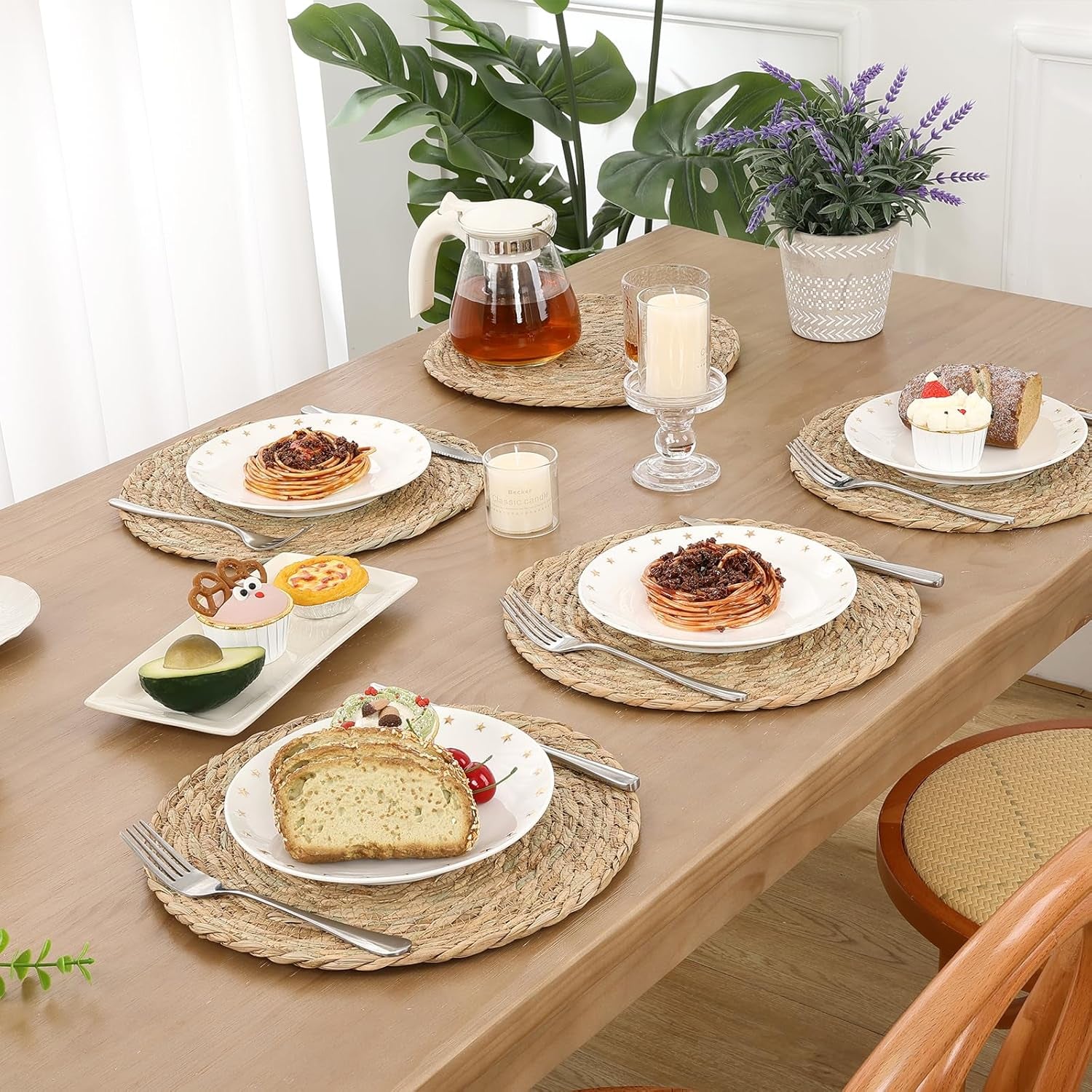 4 Pcs 12 Inch round Woven Placemats, Natural Rattan Braided Place Mats for Dining Table, Wicker Chargers Boho Rustic Farmhouse Heat Resistant Table Mats