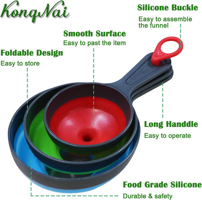 Silicone Collapsible Kitchen Funnels 4 Pack + Wide Mouth Canning Funnels 3 Pack
