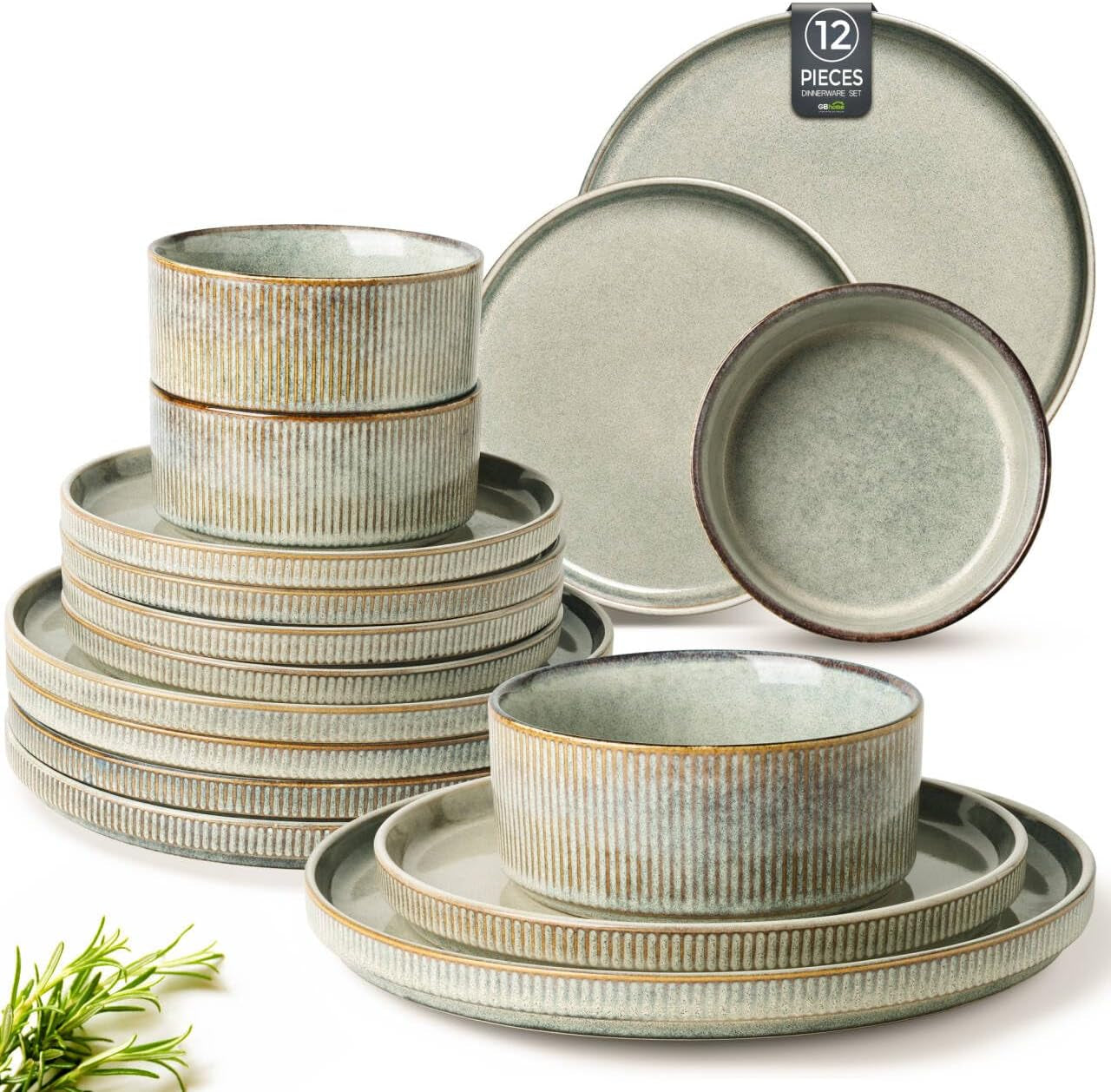 Stoneware Dinnerware Set for Four - Round Reactive Glaze Ceramic Plates and Bowls, 12-Piece Set, Highly Scratch Resistant, Dishwasher and Microwave Safe