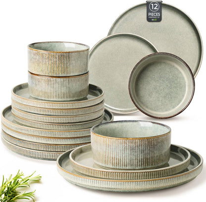 Stoneware Dinnerware Set for Four - Round Reactive Glaze Ceramic Plates and Bowls, 12-Piece Set, Highly Scratch Resistant, Dishwasher and Microwave Safe