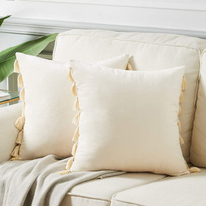 Pack of 2 Boho Decorative Throw Pillow Covers with Handmade Tassels, Soft Velvet Accent Solid Square Cushion Case Set for Couch Sofa Bedroom Car Living Room (16X16 Inch/40X40 Cm, Cream)