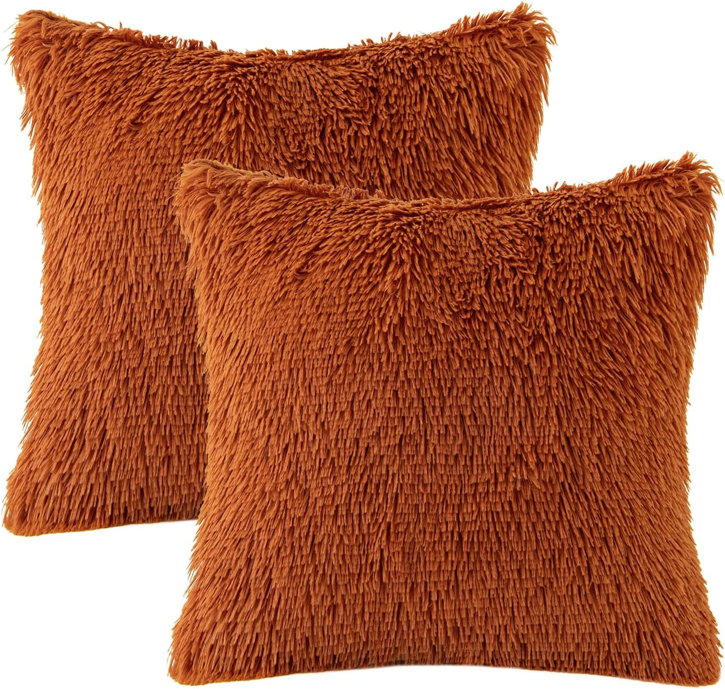 Set of 2 Fall Luxury Faux Fur Throw Pillow Covers Deluxe Decorative Plush Pillow Case Cushion Cover Shell for Sofa Bedroom Car 18X18 Inch Burnt Orange