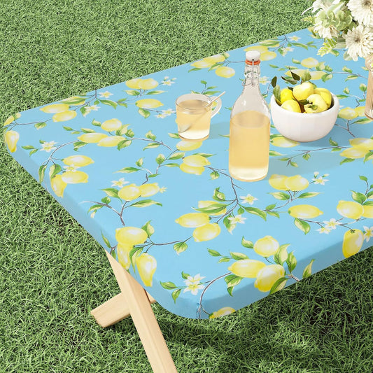 Rectangle Vinyl Tablecloth, Fitted Table Cover, 100% Waterproof, Elastic Edge, Flannel Backing, Plastic Table Cloth Fit 4 Foot Folding Tables for Picnic, Camping, Outdoor (Lemon, 24X48 Inch)