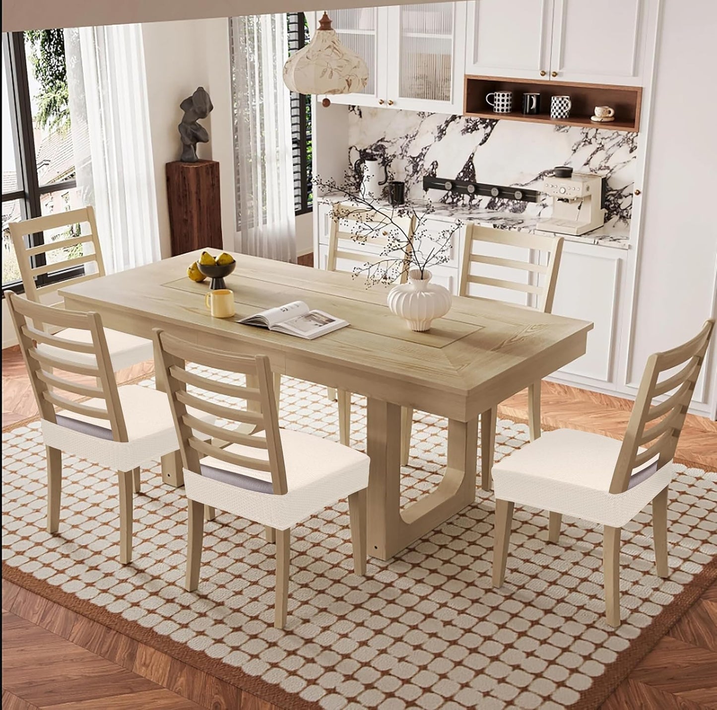 Set of 4 Waterproof Stretch Jacquard Removable and Washable Dining Room Chair Seat Covers, Beige