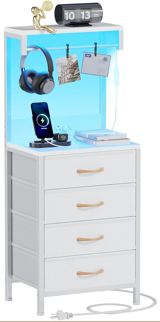 White Tall Nightstand with Charging Station and LED Lighting, Multifunctional Bedside Table with 4 Fabric Drawers, Metal Frame and Wood Shelves for Bedroom, Office, and Hallway