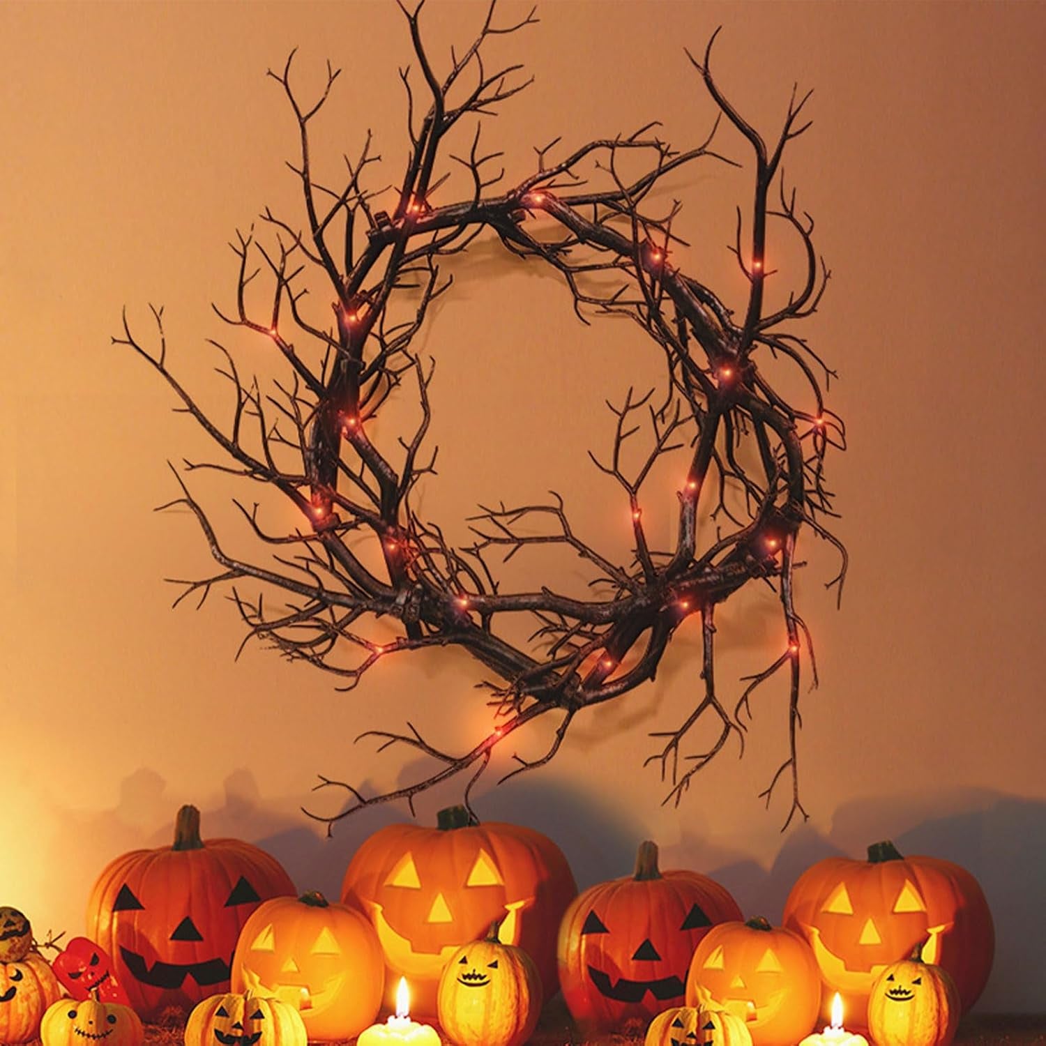 Halloween Black Branch Wreath, 18 Inch Glitter Black Twig Tree Branches Halloween Wreaths with Lights for Front Door Wall Horror Table Decor for Home Window Farmhouse Party (Branch with Red Lights)