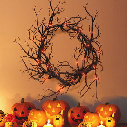 Halloween Black Branch Wreath, 18 Inch Glitter Black Twig Tree Branches Halloween Wreaths with Lights for Front Door Wall Horror Table Decor for Home Window Farmhouse Party (Branch with Red Lights)