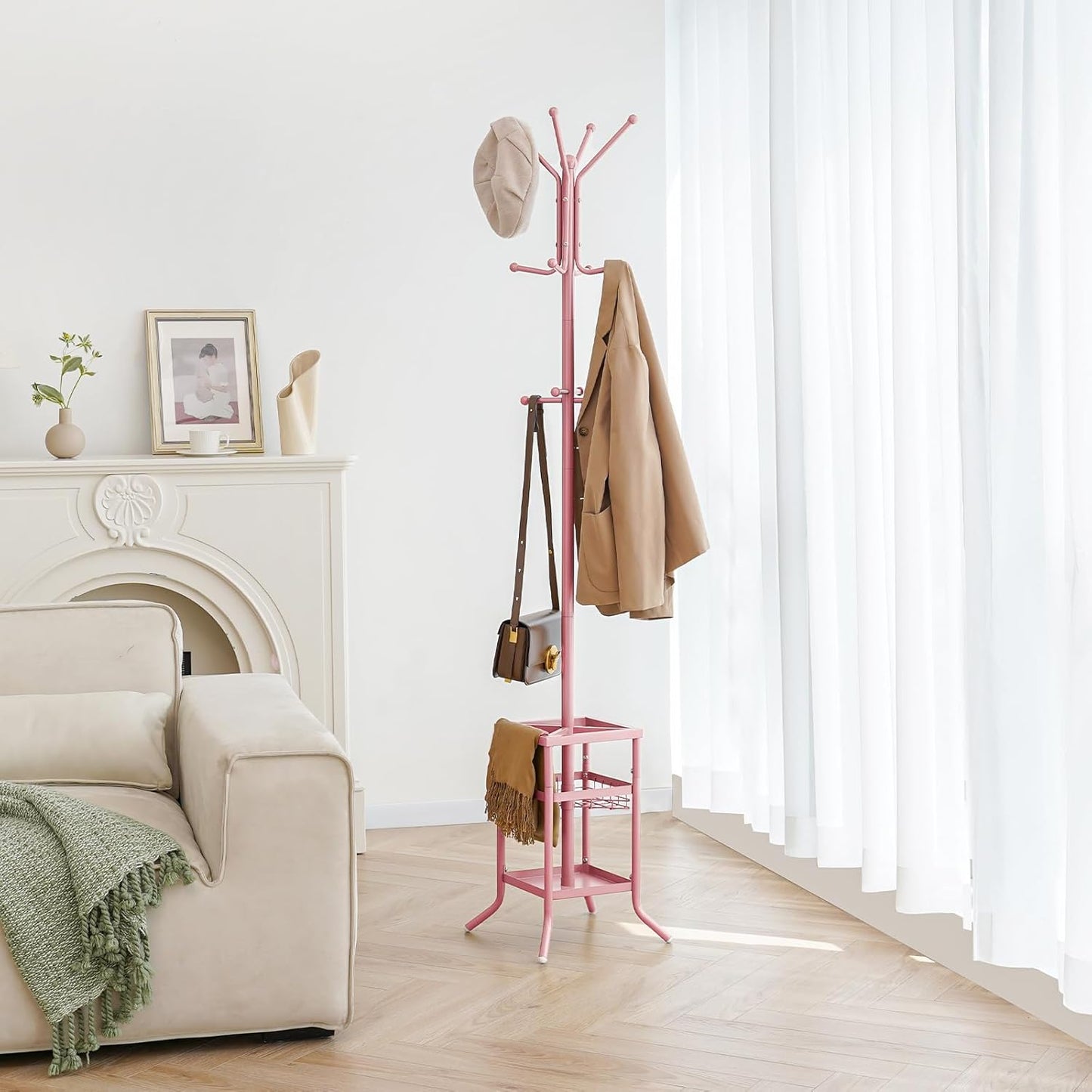 Coat Rack Freestanding, Coat Tree with Umbrella Holder, Metal Coat Rack Stand with 12 Hooks, Modern Coat Hanger Stand for Entryway, Purse Rack Hat Rack Stand for Living Room Bedroom Office