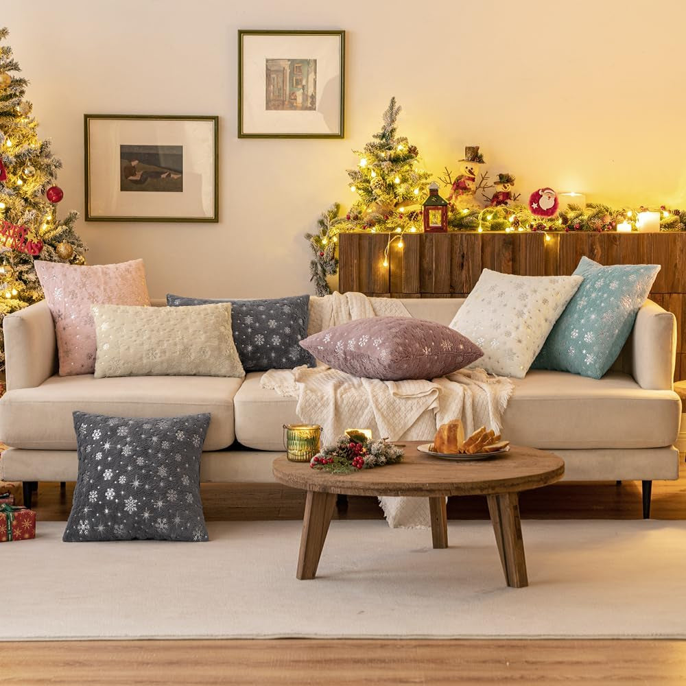 Set of 2 Christmas Decorative Throw Pillow Covers Soft Faux Fur Winter Pillow Covers with Silver Snowflake Glitter Holiday Festival Pillowcases for Couch Sofa Bed, 18×18Inch, Beige