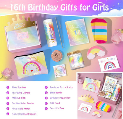 Sweet 16 Gifts for Girls, 16Th Birthday Gifts for Girls, Gift for 16 Year Old Girl, 11 PCS Unique Trendy Sweet Sixteen Gift for Daughter Her, Daughter, Niece, Granddaughter, Sister, Bestie, Rainbow