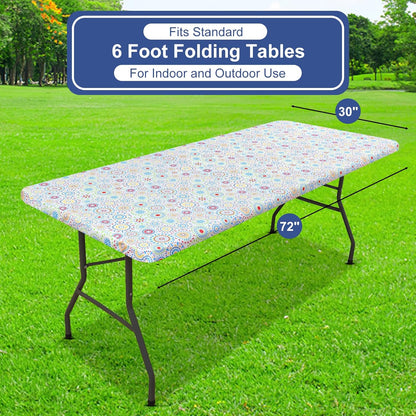 Rectangle Printed Fabric Tablecloth, Elastic Fitted Table Cloth for 6 Foot Table, Washable Polyester Table Cover for Outdoor, Picnic, Camping and Indoor, (Geometric Medallion, 30" X 72")