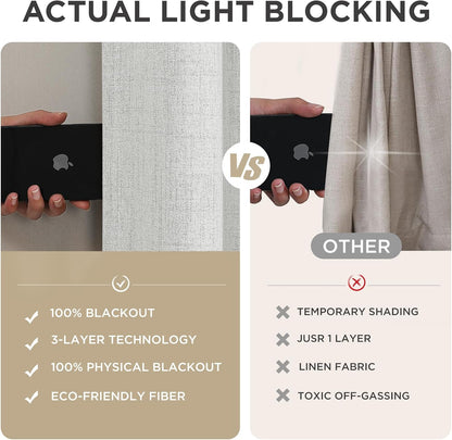 Premium 100% Blackout Curtains for Bedroom - Natural Linen, 52" W x 84" L, Thermal Insulated, Set of 2 White Light Blocking Drapes with Rod Pocket & Back Tabs, Ideal for Living Room Privacy