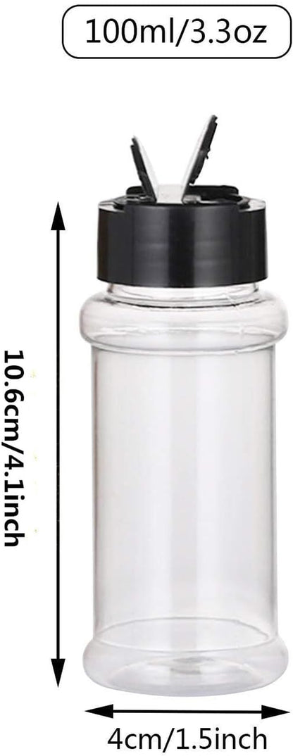 12 PACK - 3.3 Oz Plastic Spice Jars Bottles Containers with Black Screw Lids to Pour or Shake - Perfect for Storing Spice, Herbs and Powders - Lined Cap - BPA Free