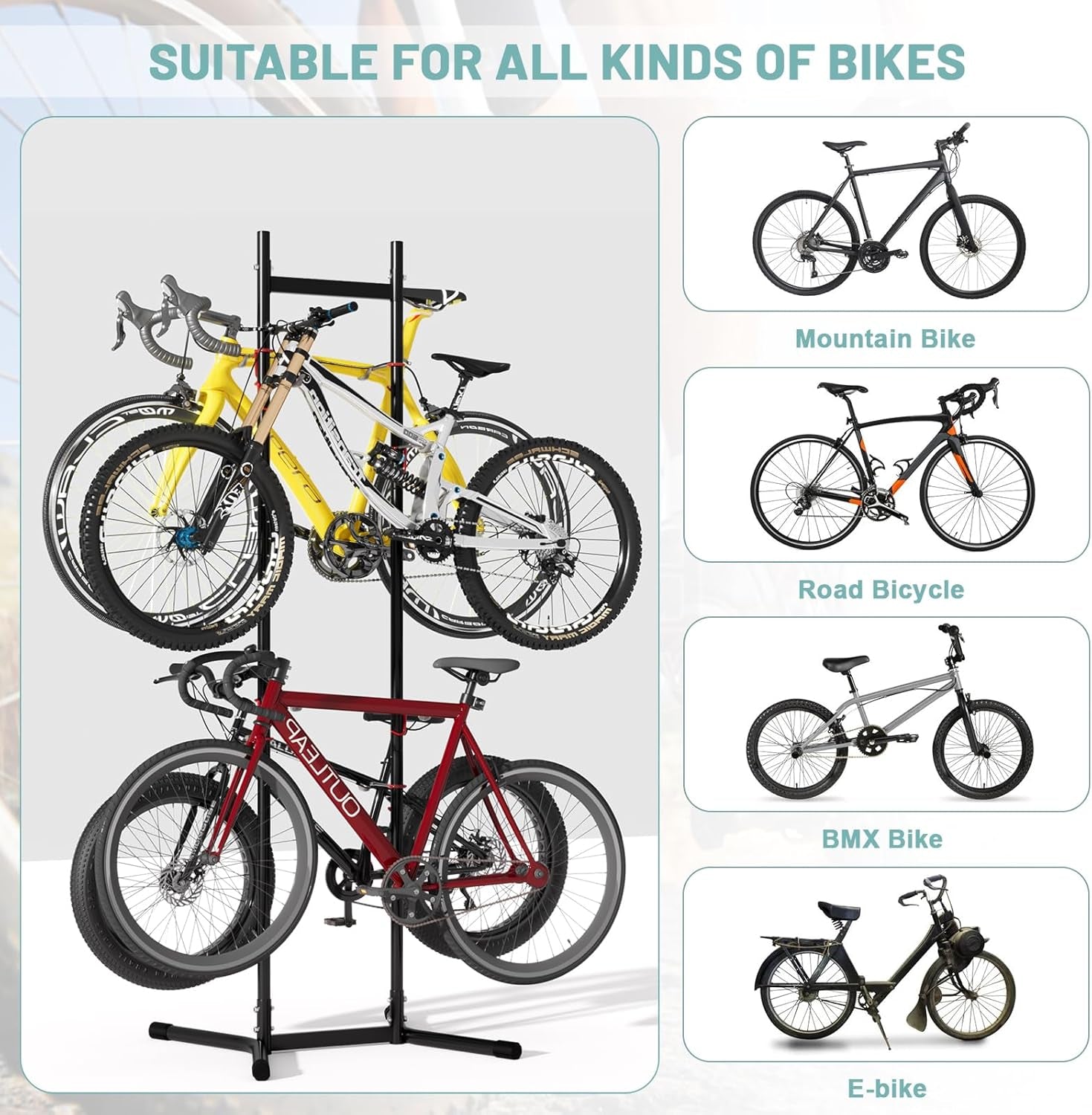 2-4 Bike Storage Rack Garage Max154Lbs, Freestanding Indoor Bike Rack with Adjustable Hooks, Vertical Bike Floor Stand for Road, Mountain and Hybrid Bike, Black