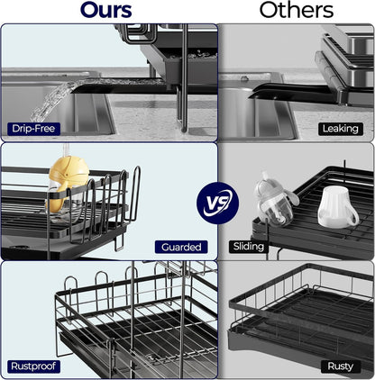 2 Tier Large Dish Drying Rack - Extendable Dish Rack for Kitchen Counter, Multifunctional Dish Drainer with Drainboard Set, Dishrack with Utensil Holder & Cup Holder, 13.4"-28.7" L X 11.8" W