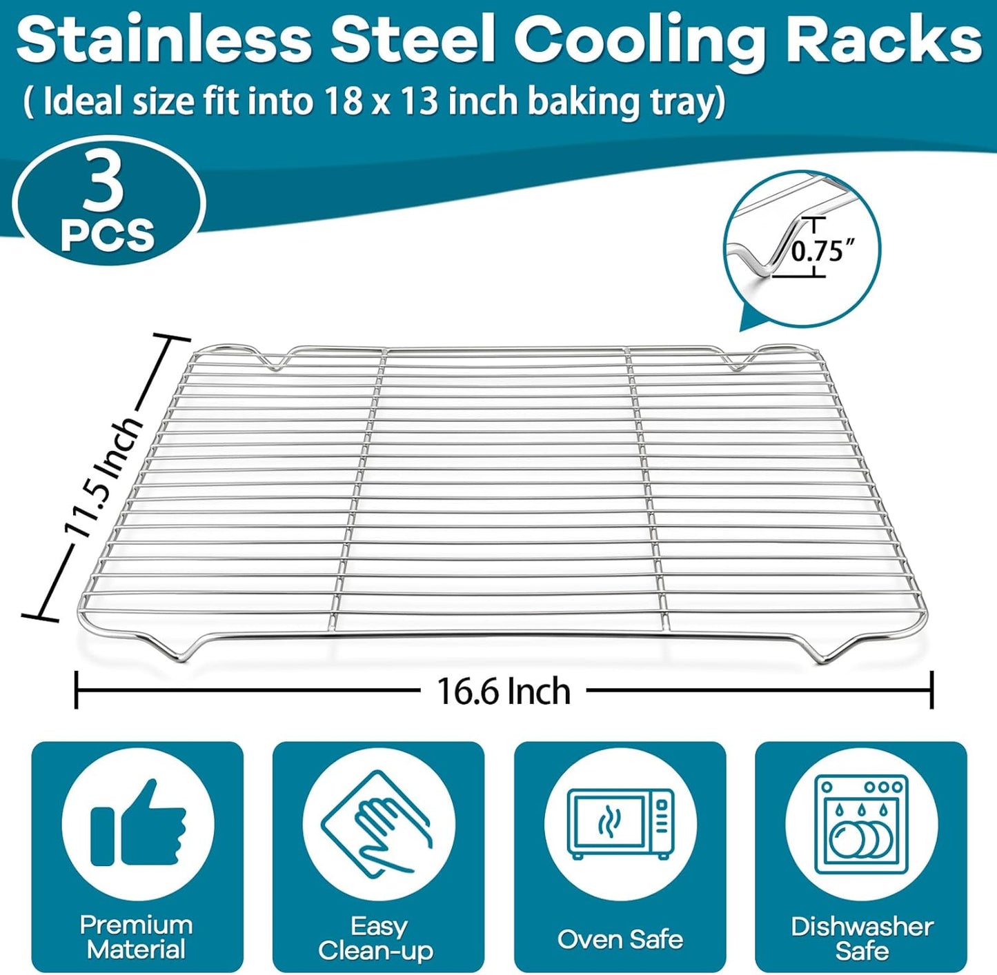 Baking Cooling Rack Set of 3,  Stainless Steel Cooking Roasting Drying Wire Racks, 16.6” X 11.6” Inches to Fit Half Sheet Pan, Non-Toxic & Durable, Oven & Dishwasher Safe