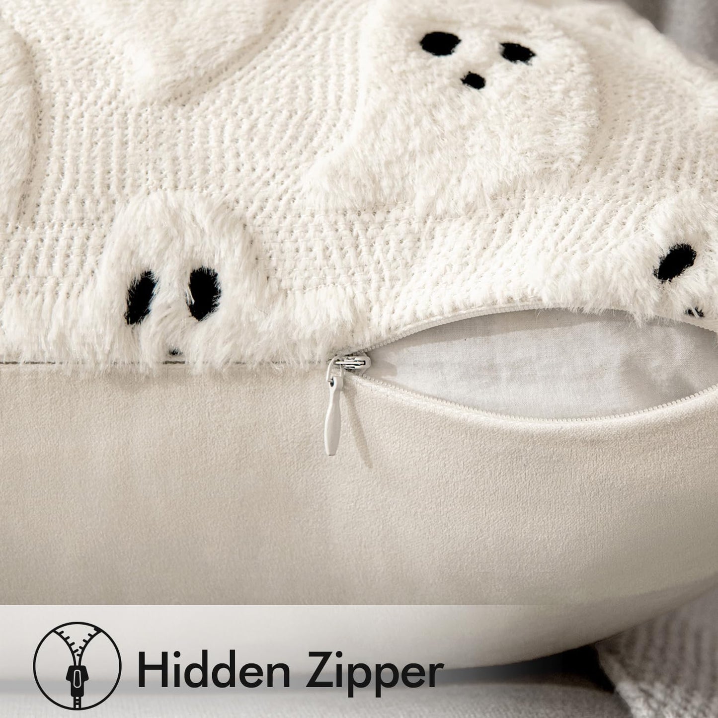 Halloween Decorative Pillow Covers - Set of 2 Soft Plush Faux Fur Ghost Design Cushions for Couch, Sofa, Bed, and Porch - 18x18 Inch Cream White