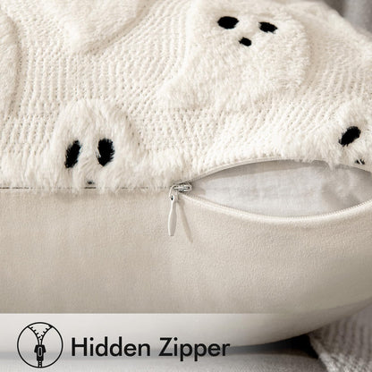 Halloween Decorative Pillow Covers - Set of 2 Soft Plush Faux Fur Ghost Design Cushions for Couch, Sofa, Bed, and Porch - 18x18 Inch Cream White