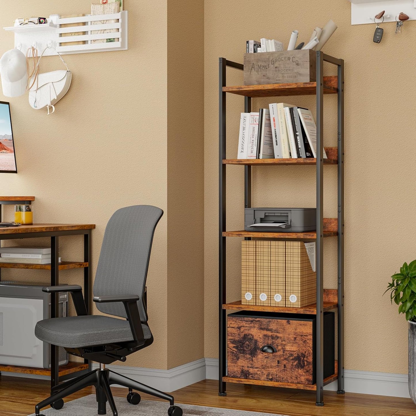 5 Tier Bookshelf with Drawer & Console Table with Charging Station, 3 Drawers and LED Light