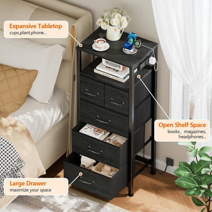 Elegant Black Oak Dresser and Nightstand with Charging Station, LED Lighting, and Fabric Bins - 5-Drawer Vertical Chest and Bedside Table for Bedroom and Entryway