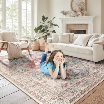 5X7 Area Rug for Living Room Washable Rugs No Pile Carpet for Entryway Bedroom Dinning Room Playroom Vintage Boho Carpet Print Distressed Non-Slip, 5 X 7 Ft, Pink