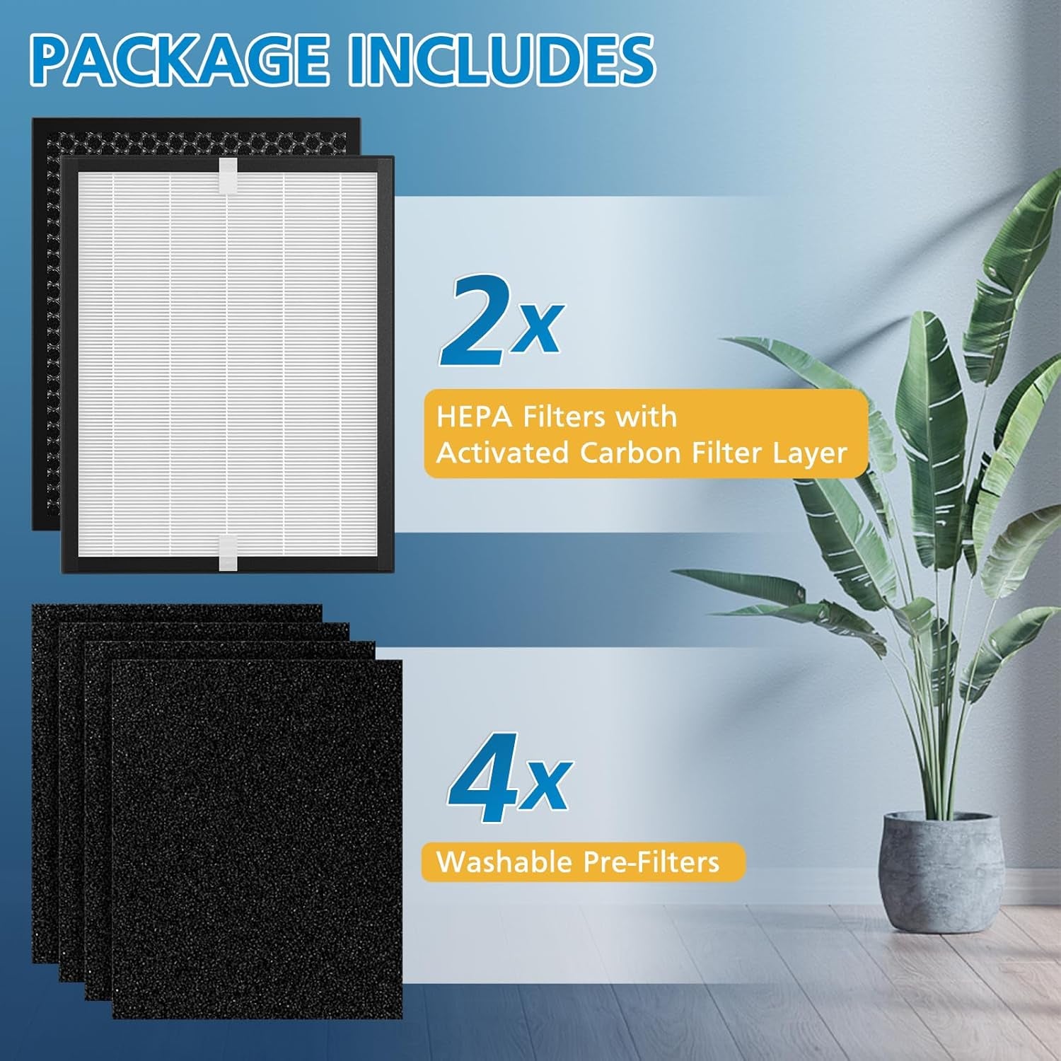 2 Pack KJ190L Filter Replacement Compatible with MOOKA KJ190L Air Purifier for Home Large Room 2000 Ft², 2 HEPA Filters and 4 Washable Prefilters Pet Air Purifier Filters for Bedroom