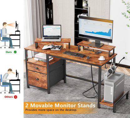 47" Computer Desk with File Cabinet and Power Outlets, Home Office Desk with 2 Monitor Stands and Storage Drawer, Writing Gaming Table with Shelves and 2 Hooks for Bedroom, Rustic Brown