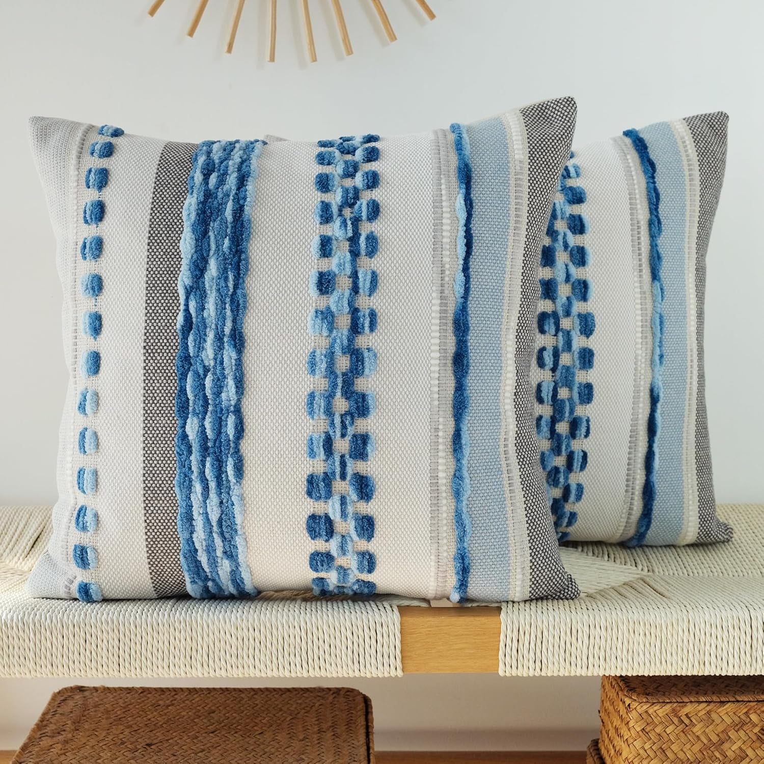 Pack of 2 Boho Throw Pillow Covers Accent Striped Pillowcovers Farmhouse Decorative Cushion Case Home Decor 18 X 18 Inch Blue