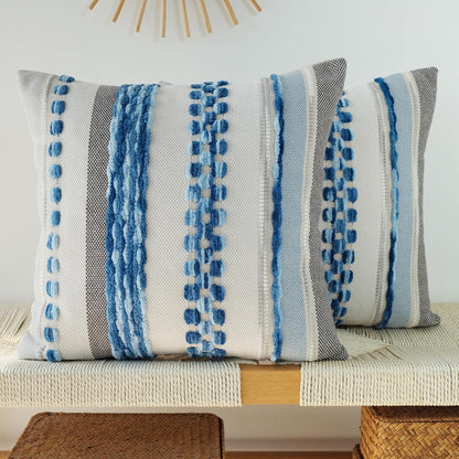 Pack of 2 Boho Throw Pillow Covers Accent Striped Pillowcovers Farmhouse Decorative Cushion Case Home Decor 18 X 18 Inch Blue