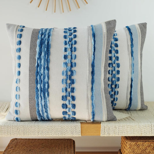 Pack of 2 Boho Throw Pillow Covers Accent Striped Pillowcovers Farmhouse Decorative Cushion Case Home Decor 18 X 18 Inch Blue