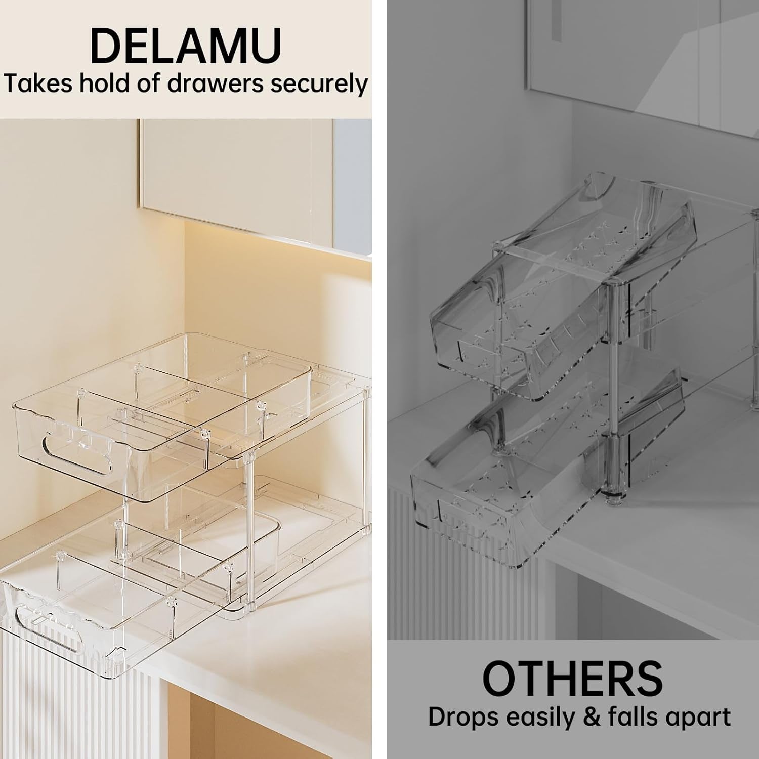 2 Pack Snap-Lock Bathroom under Sink Organizers and Storage, 2 Tier Pull Out Medicine Bathroom Cabinet Organizer, Multi-Purpose Kitchen Pantry Organization and Storage with Movable Divider