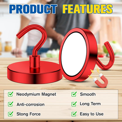 2 Pack Magnetic Hooks Heavy Duty, 110LBS Neodymium Magnet Hooks for Cruise Cabin, Strong Magnetic Hooks for Hanging, Magnets with Hooks for Home, Kitchen, Workplace, Bathroom(Red)