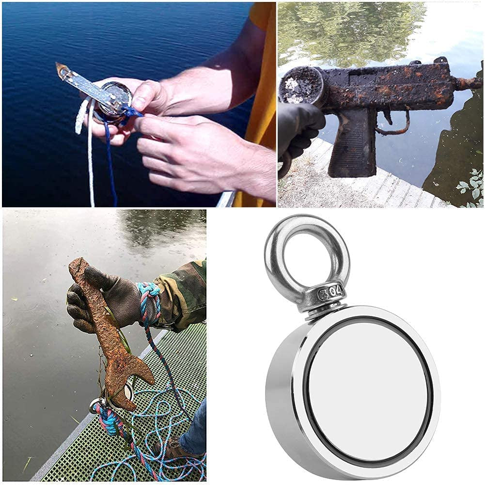 Neodymium Magnet Fishing Kit, 700Lbs Double Side Fishing Magnet Heavy Duty Rare Earth Magnet with Countersunk Hole Eyebolt for Retrieving Items in River, Lake, Beach, Lawn - 2.36Inch Diameter
